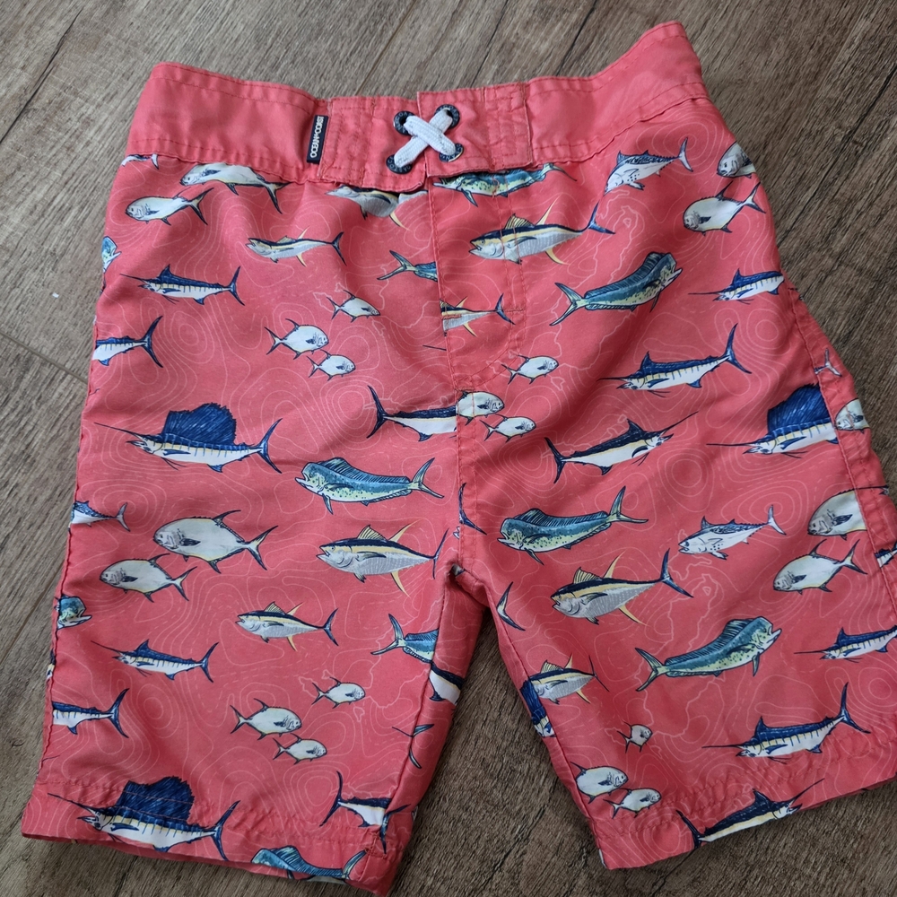 Boys Coral Fish-Print Swim Trunks